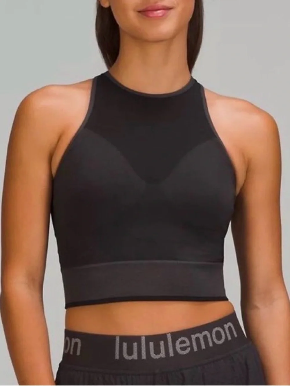 lululemon Black Gray High-Neck Seamless Support Cropped Training Tank Top Size 6
